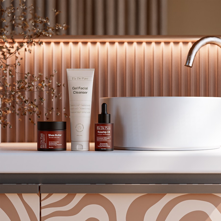 Skincare products arranged on a studio counter