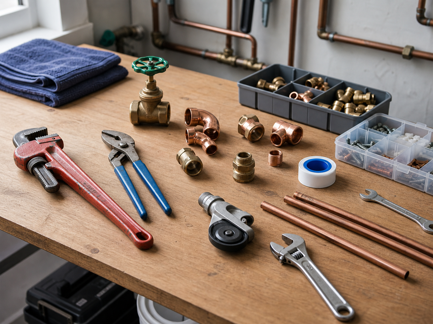 Organized plumbing tools and fittings on a workbench